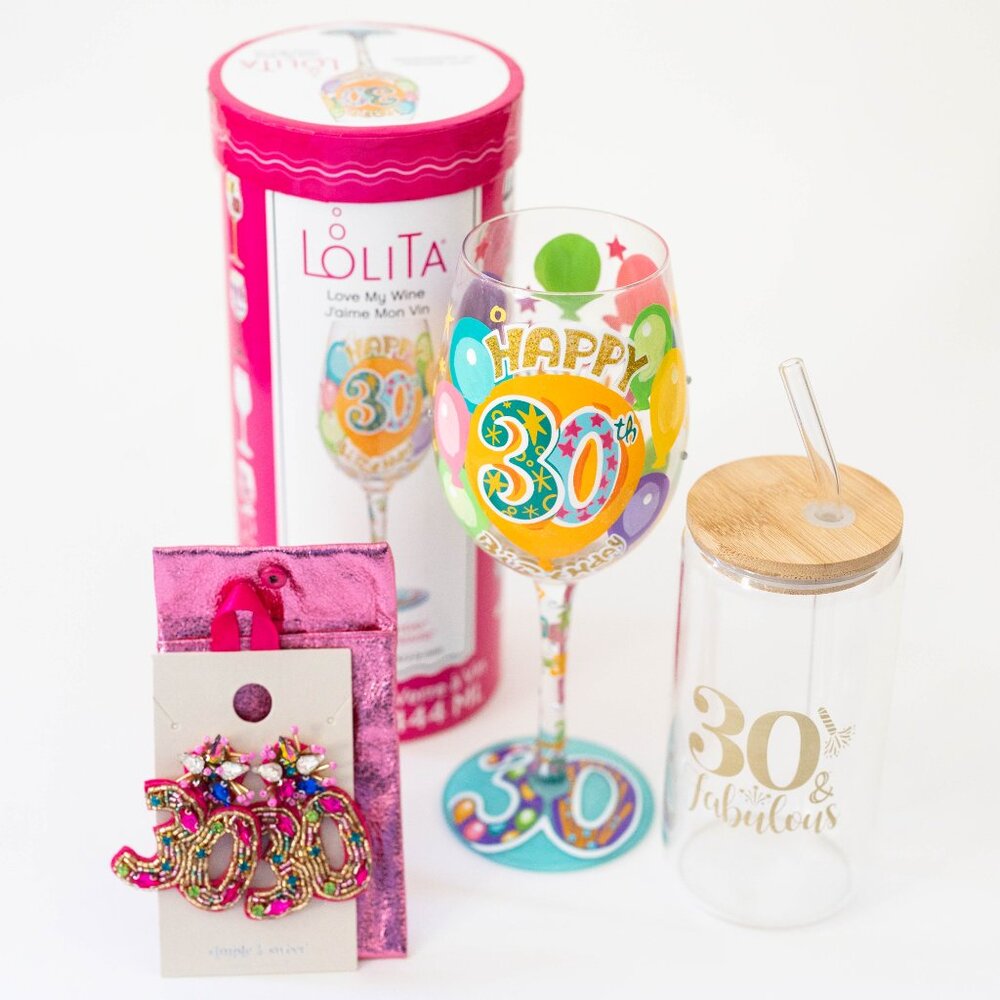 30th Birthday Set — Earrings, Wineglass and Glass Tumbler